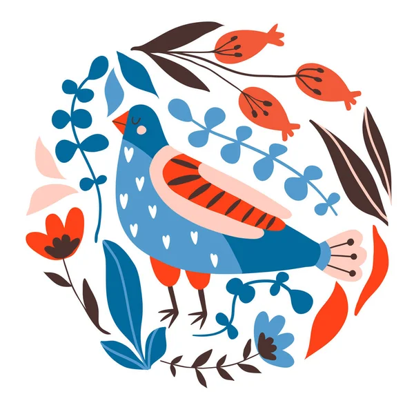 鳥や異なる民俗装飾品と花 カード 印刷またはポスター 様式化された装飾的な花の要素と手描きのフラットドアイラスト 北欧風 伝統的な装飾 ベクトル — ストックベクタ