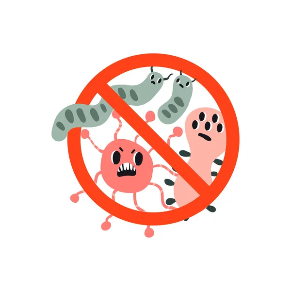 Kawaii感染细菌 病原体与愤怒的脸 停止细菌和病毒的禁令标志 平面手绘插图 抗病毒图标 — 图库矢量图片
