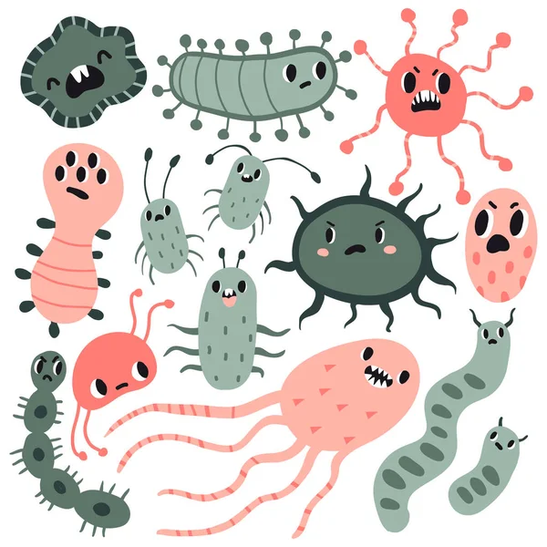 Cute Microbe Znaków Collection Zestaw Zakażeniem Kawaii Bakterie Wirus Zarazki — Wektor stockowy