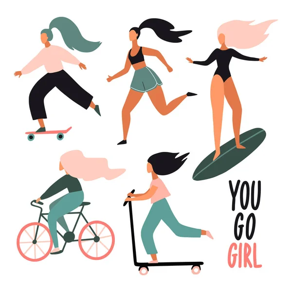 Vai Miúda Meninas Com Bicicleta Skate Chute Scooter Prancha Surf —  Vetores de Stock