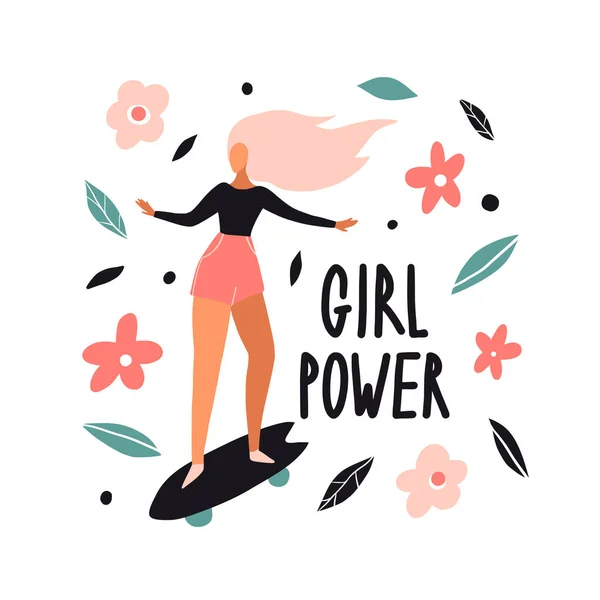 Poder Feminino Mulher Skate Com Flores Folhas Desenhos Animados Personagem —  Vetores de Stock