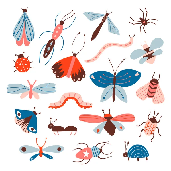 Doodle Insects Big Set Beetle Ant Butterfly Moth Worm Collection — Stock Vector