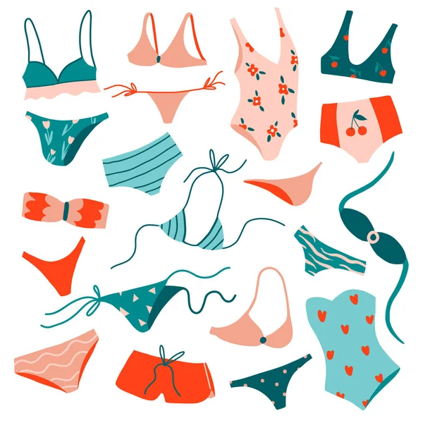 Grote Set Met Vrouwelijke Strandkleding Handgetekende Zomercollectie Badpak Bikini Monokini — Stockvector