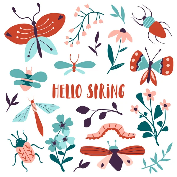 Hello Spring Floral Card Banner Doodle Insects Flowers Set Butterflies — Stock Vector