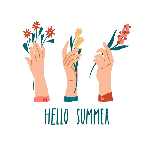 Hallo Sommer Hände Mit Blumensträußen Karte Banner Plakat Blätter Pflanzen — Stockvektor