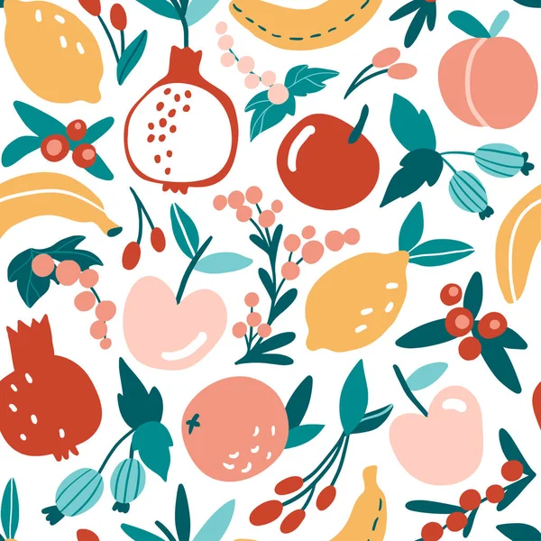 手描きのカラフルなドアフルーツやベリーとシームレスなパターン 紙のためのベクトルテクスチャ フラットアップル オレンジ レモン バナナ ザクロ ビーガン 自然食品 夏気分 — ストックベクタ