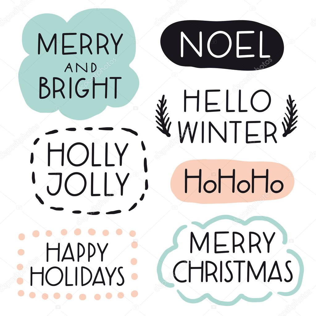 Merry Christmas and New Year simple lettering set. Typographic hand written collection. Calligraphy graphic design elements. Holiday related message templates for greeting cards, overlays, decoratio