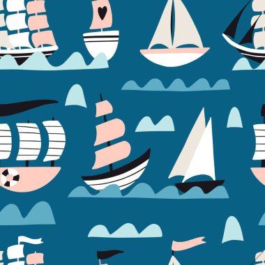 Denizcilik desenli. Şirin gemiler, yelkenliler, yatlar ve dalgalar. El çizimi düz vektör çizimi. Tekstil ve kumaş için karikatür deniz dokusu. Çocuksu bir geçmiş. Deniz taşımacılığı macerası