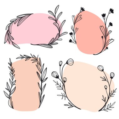 Karalama çiçekleri ve pembe abstrat şekilli çerçeveler. Dekoratif çelenkler. Çizim dalları, otlar, bitkiler, yapraklar. Düğün kartları için çiçek şablonu, davetiye. El çizimi vektör çizimi