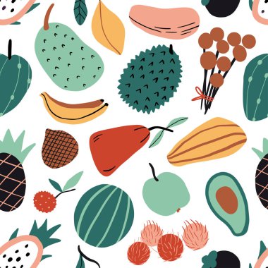 Elle çizilmiş renkli karalama egzotik tropik meyveler dikişsiz desen. Vektör dokusu. Düz karpuz, mango, papaya, muz, ejderha meyvesi, ananas. Asya, Bali, Tayland sağlıklı vejetaryen yiyecekler