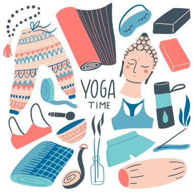 Yoga mesai kartı. El çizimi elementler: kıyafetler, aroma çubukları, mat, sütyen, pantolon, blok, kayış. Vektör düz çizim. Yoga malzemeleri, ekipman koleksiyonu. Spor, spor, esnek aksesuarlar.