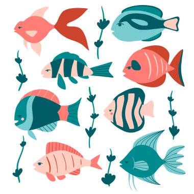 Tropik egzotik balık koleksiyonu. Deniz yosunlu el yapımı deniz hayvanları. Minimalist düz stil vektör çizimi. Komik karalama denizcilik seti. Çizgi film el çizimi okyanus kreasyonları