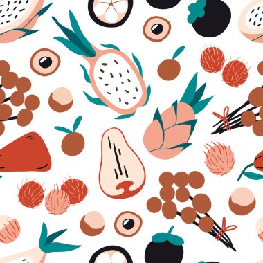 Elle çizilmiş renkli karalama egzotik tropik meyve pürüzsüz desen. Tatlı vektör yaz dokusu. Düz ejderha meyvesi, gül elması, mangosteen, longan. Asya, Bali, Tayland bitkileri. Vejetaryen sağlıklı çiğ yemek.