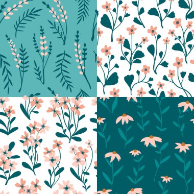 Dört basit, pürüzsüz desenle ayarlanmış. Kağıt, tekstil baskısı, sayfa dolumu için çiçek baharı ya da yaz grafik tasarımı. El çizimi modern ve orijinal tekstil, ambalaj kağıdı, duvar tasarımı
