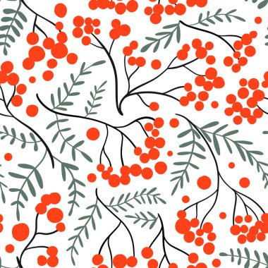 Rowan böğürtlen dalları ve pürüzsüz desenler bırakıyor. Soyut el çizimi kırmızı böğürtlenli arka plan. Tekstil, kağıt ve kumaş için çiçek düzlüğü. Botanik sonbahar illüstrasyonu