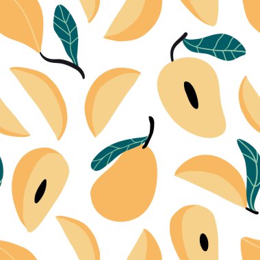 Doodle mango vektör kusursuz desen. Düz egzotik meyveli el yapımı tropikal doku. Yaz sıhhatli vejetaryen yemek çizimi. Mutfak tekstili için tropik renkli arkaplan