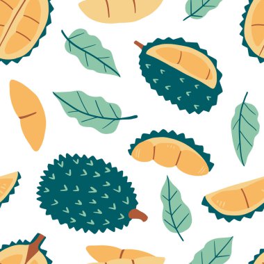 Doodle Durian vektör kusursuz desen. Düz egzotik meyveli el yapımı tropikal doku. Yaz sıhhatli vejetaryen yemek çizimi. Mutfak tekstili için Asya renkli arkaplan