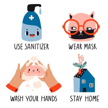 Coronavirus COVID-19 önleme kavramı. Evi, sabunu, kedisi olan sevimli çizgi film kawaii ikonları. Ellerini yıka, maske tak, dezenfektan kullan, evde kal. Salgın. Virüs çizimini durdur. Vektör düz kümesi