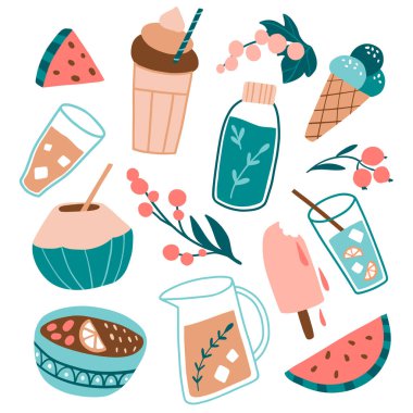 Yaz yemeği ve içecekleri: böğürtlen, meyve, kokteyl. Soğuk içecekler, hindistan cevizi, karpuz. Tropik düz koleksiyon. Güzel el çizimi seti. Plaj partisi ikonları. Mevsimsel renkli vektör illüstrasyonu