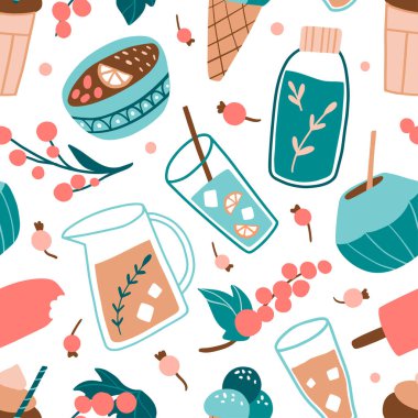 Yaz yemekleri ve içecekler kusursuz. Meyveler, meyveler, kokteyller. Soğuk içecekler, hindistan cevizi, karpuz. Tropik sevimli el çizimi dokusu. Plaj partisi. Mevsimsel renkli vektör illüstrasyonu