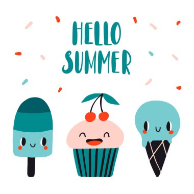 Merhaba yaz. Güzel el yazısı, kart ya da poster. Gülen yüzlü dondurma. Waffle külahında düz dondurma, dondurma. Kawaii çizgi film karakterleri. Çocuklar için eğlenceli karalamalar. Vektör