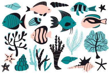 Tropik egzotik koleksiyon. Balık, kabuk, mercan, denizyıldızı. El yapımı deniz hayvanları ve bitkiler. Minimalist düz stil vektör çizimi. Komik karalama denizcilik seti. Çizgi film okyanus yaratıcılığı