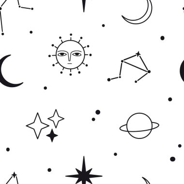 Tek renkli Uzay Vektörü Kusursuz Desen. Güneş, ay, yıldızlar, takımyıldızları. Şirin siyah simgeler. Minimalist çizgi sanat dokusu. Tekstil, kumaş, kağıt için el çizimi vektör arkaplanı