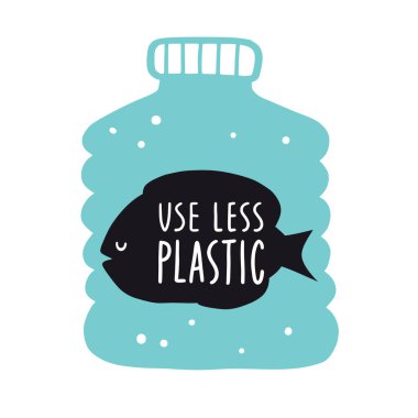 Şişedeki deniz balığı. Daha az plastik slogan kullan. Çevre koruma. Sıfır atık, geri dönüşüm, ekoloji. Eko konsept poster, kart, harfli afiş. Düz basit vektör çizimi