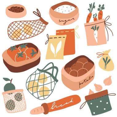 Güzel sıfır atık mutfak seti. El yapımı ekolojik yaşam ikonları koleksiyonu. Düz vektör karalama elementleri. Yeniden kullanılabilir ürünler: market poşeti, tekstil torbası. Yeşil olsun, plastik olmasın. Düz gıda: sebze, meyve