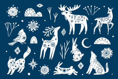 Gizemli hayvanların kış koleksiyonu. Tavşan, kurt, tilki, geyik, geyik, kuş, kar taneleri. Etnik karalamalı göksel unsurlar. Vektör sihirli noel seti. Boho Woodland Vahşi Hayatı. Esrarengiz kavram