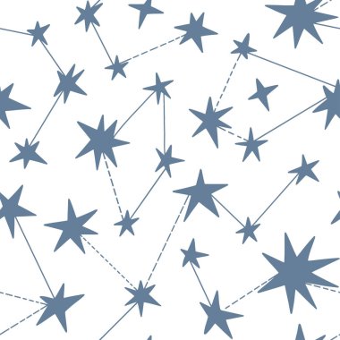 Mavi yıldızlı ve beyaz takımyıldızlı basit, pürüzsüz bir desen. El çizimi kozmik elementler. Çocuksu tekstil, kumaş, kağıt için hoş bir vektör dokusu. Çocuklar için gökyüzü, uzay, evren dokusu
