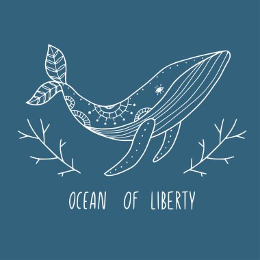 Özgürlük okyanusu. Çizgili sanat balinası. Karalama mistik illüstrasyon. Beyaz, sualtı hayvanı. Sihirli sembolleri olan soyut bir poster. Kağıtlar için el çizimi şablonlar, tişört izleri, dövmeler