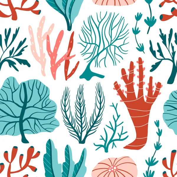 水下植物 藻类无缝图案 热带珊瑚礁元素 涂鸦的海洋生物 海洋植物 海洋野生动物 平面手绘矢量纹理 — 图库矢量图片