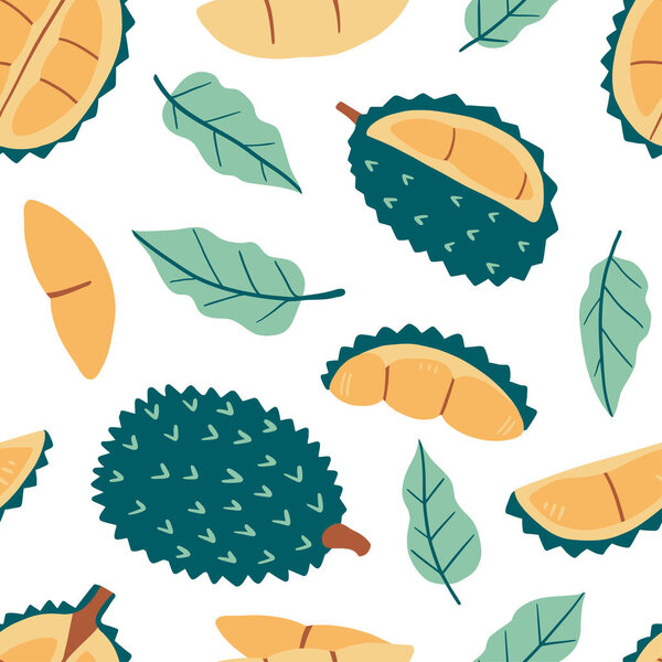 Doodle durian vector seamless pattern. Hand drawn abstract tropical texture with flat exotic fruits. Summer healthy vegeterian food illustration. Asian cute colorful background for kitchen textile