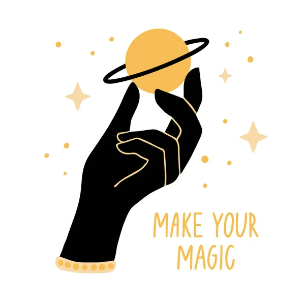 Gör Din Magi Inspirerande Citat Med Kvinnlig Hand Planet Stjärnor — Stock vektor