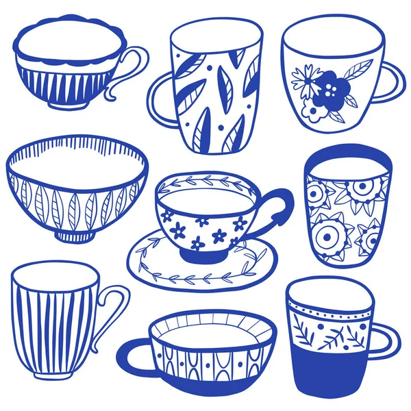 Collection Modern Ceramic Cups Mugs Blue White Chinese Porcelain Set — Stock Vector