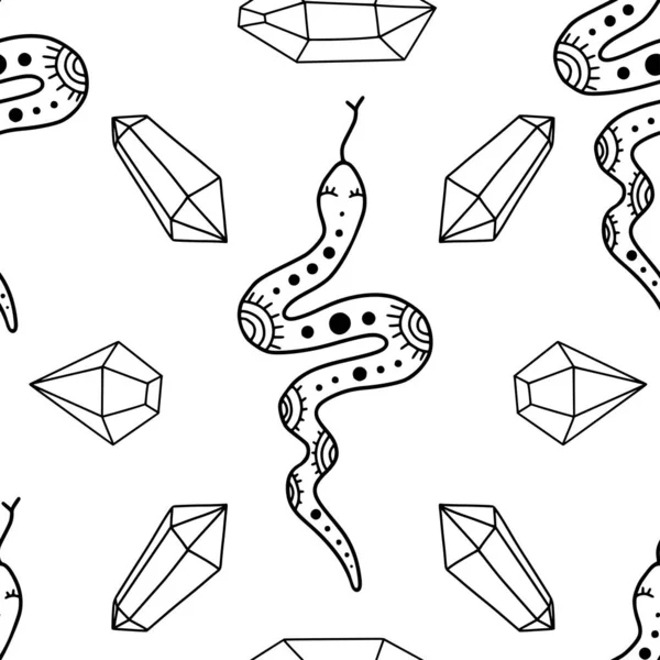Modèle Sans Couture Avec Serpents Mystiques Doodle Cristaux Texture Magique — Image vectorielle