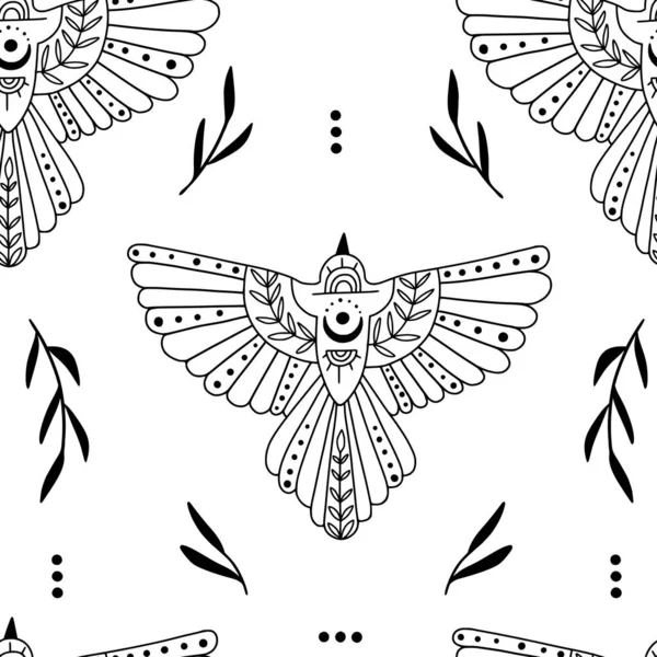 Seamless Pattern Doodle Mystic Birds Leaves Vector Magic Texture Boho — Stock Vector