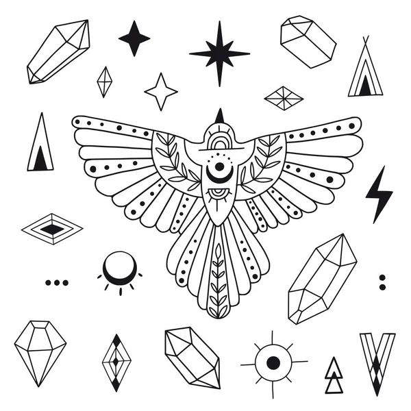 Sihirli Elementlerle Donatılmış Mistik Bir Set Taslak Kuş Kristaller Yıldız — Stok Vektör
