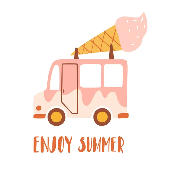 Aproveite Verão Banner Caminhão Sorvete Cartão Cartaz Coleção Crianças Desenho —  Vetores de Stock