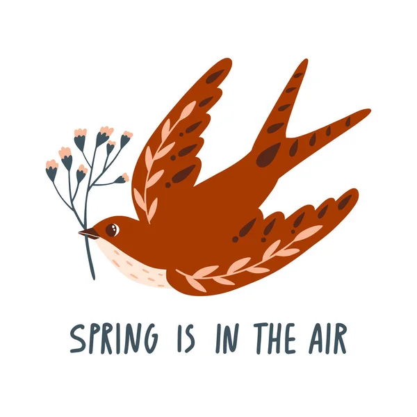 Der Frühling Liegt Der Luft Netter Cartoon Vogel Mit Blume — Stockvektor