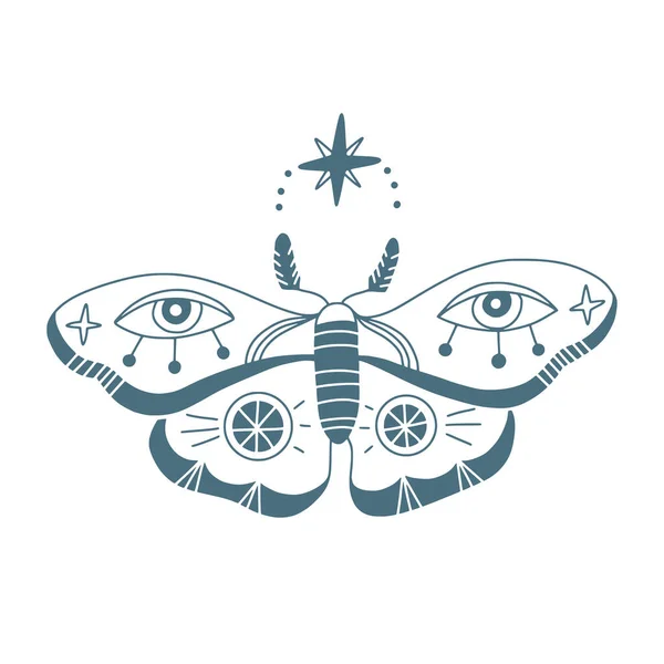 Эзотерическая Концепция Иллюстрации Контур Мистической Бабочки Мотылька Волшебными Глазами Каракулями — стоковый вектор