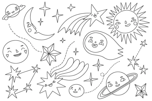 Коллекция Космических Элементов Наброски Каракулей Мультипликационные Планеты Звезды Солнце Луна — стоковый вектор