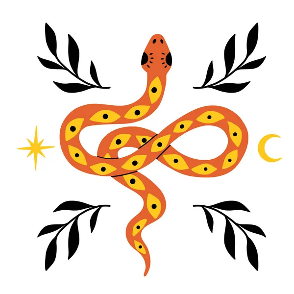 Illustration Concept Ésotérique Plantes Mystiques Plates Serpent Magique Gribouillis Tatoo — Image vectorielle