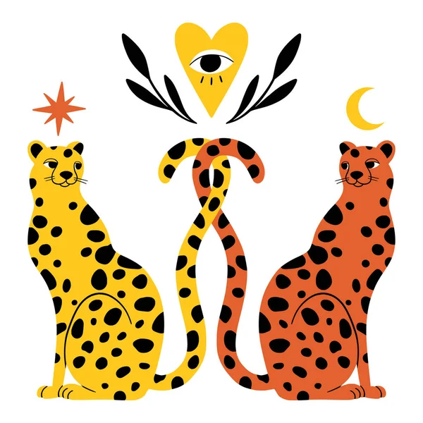 Älskar Doodle Illustration Ett Platt Magiskt Leopardpar Och Ett Mystiskt — Stock vektor