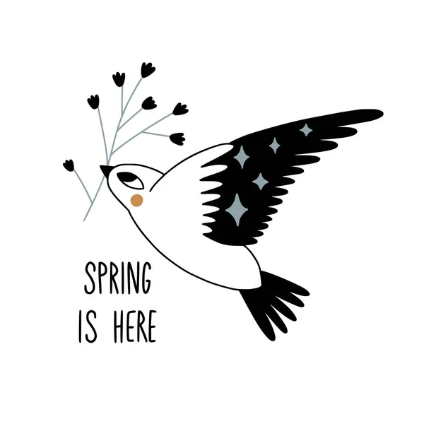Der Frühling Ist Netter Cartoon Vogel Mit Blume Banner Poster — Stockvektor
