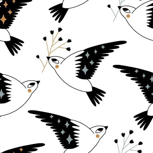 花とかわいい漫画の鳥とシームレスなパターン 紙のためのテクスチャ 平手描きベクトルイラスト ドアの飾りで鳥を飛んでいる 夏の季節的背景 — ストックベクタ