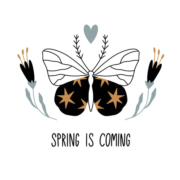 Der Frühling Naht Karte Plakat Mit Schmetterling Stern Und Blumenkritzeleien — Stockvektor