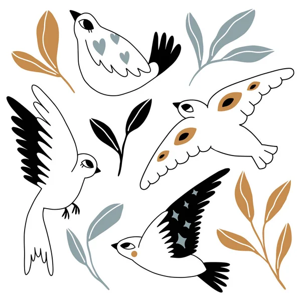 Ensemble Avec Des Oiseaux Des Feuilles Gribouillis Dessin Animé Mignon — Image vectorielle