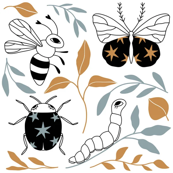 Conjunto Com Bonito Desenhos Animados Doodle Insetos Folhas Abelha Insecto — Vetor de Stock